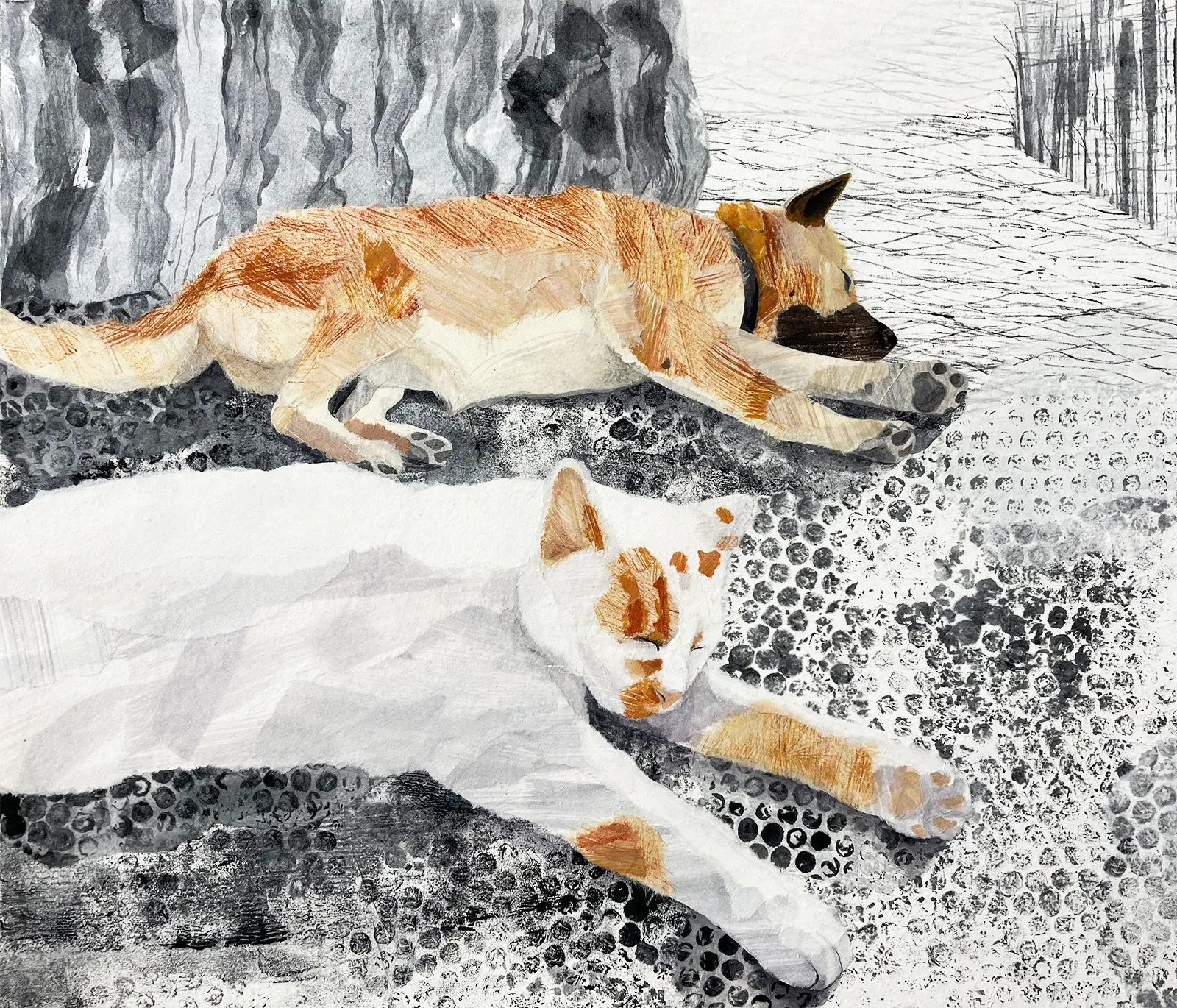犬と猫が寝ている様子。ちぎり絵で制作。