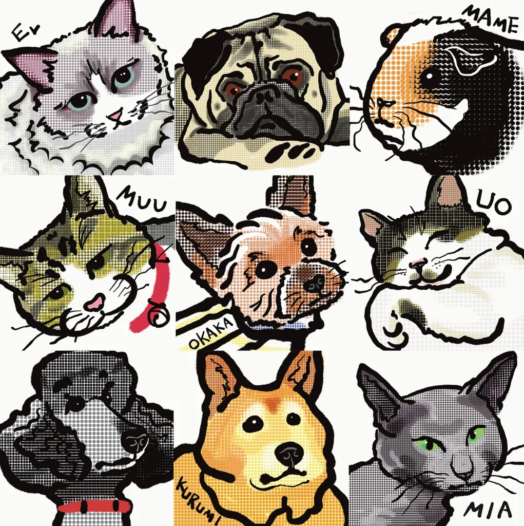 犬、猫、モルモットの似顔絵が９枚並ぶ