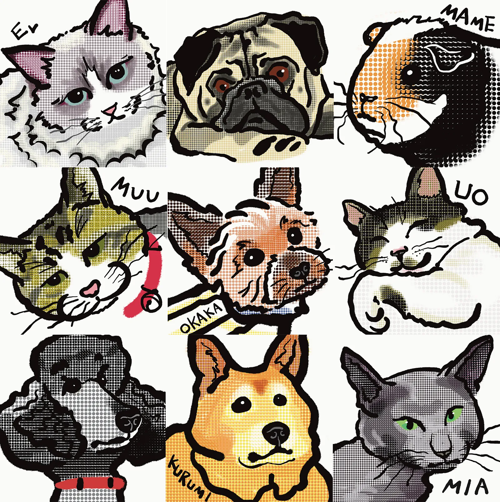 犬、猫、モルモットの似顔絵が９枚並ぶ
