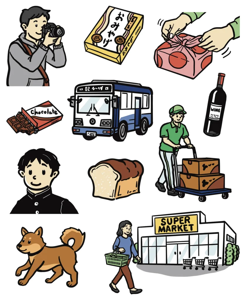 日本語教育の教材むけのイラスト。買い物をする、写真を撮る、包む、運ぶ、バス、食パン、犬などのイラスト